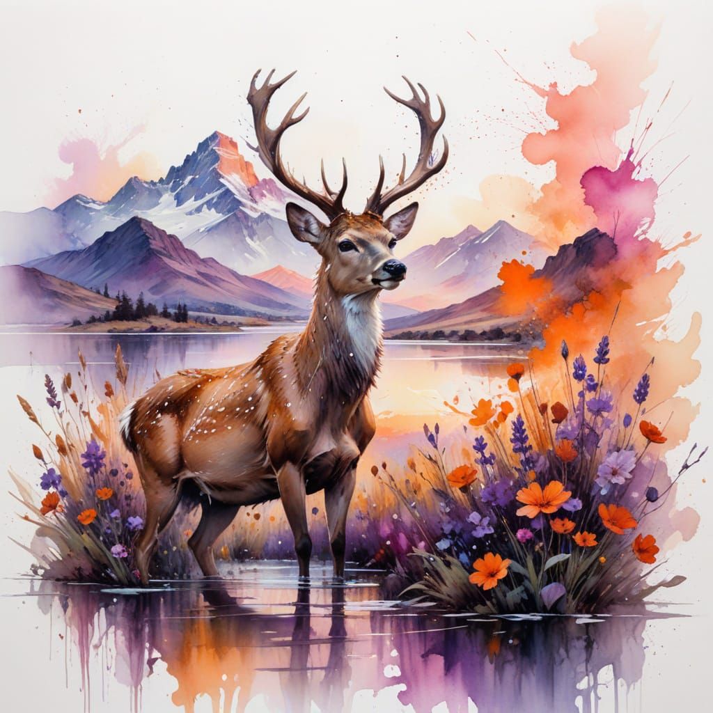 Sunset Wildflowers and Deer by Fiery Lake