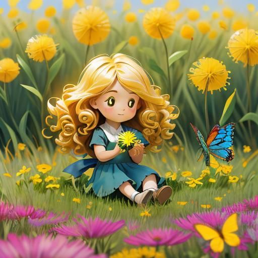 Girl in Sunny Meadow with Dandelion