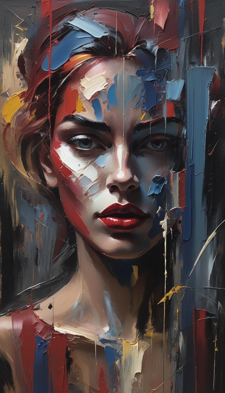 Vibrant expressionist portrait. Medium shot. Woman's face, r...