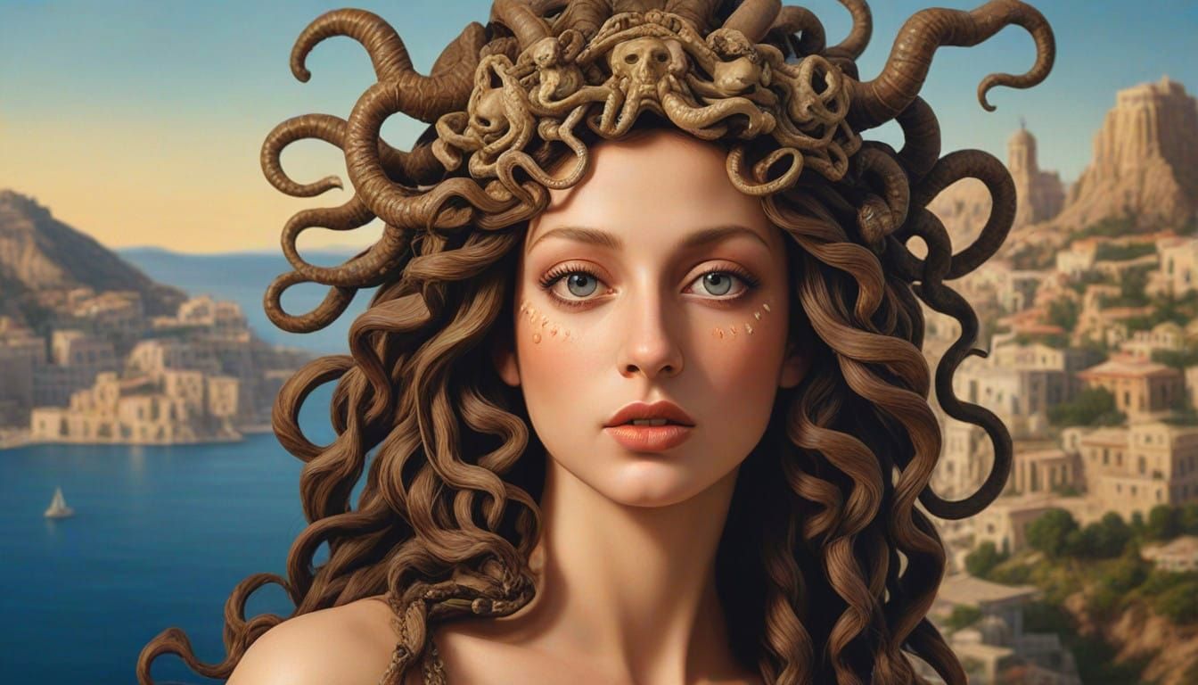 Greek Goddess Harlequin Medusa in Acropolis Landscape