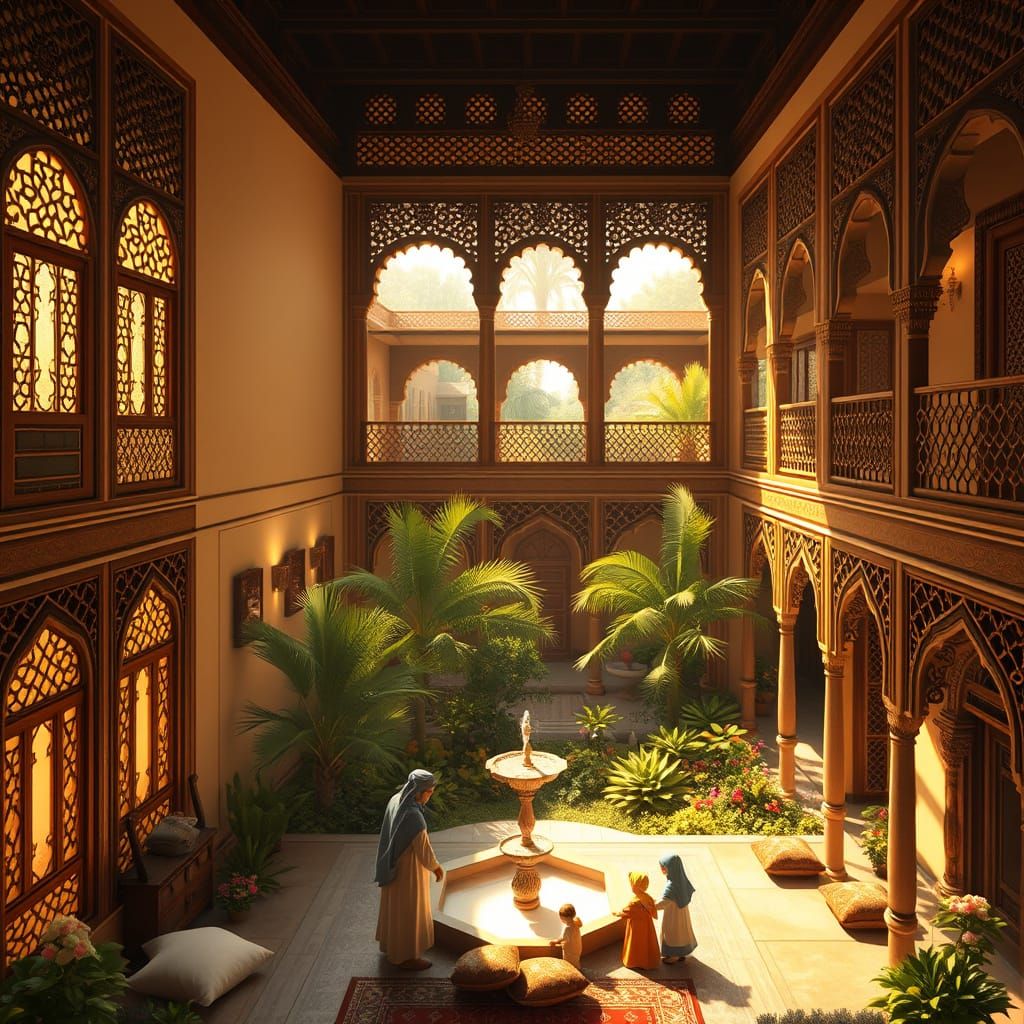 Serene Arab House Interior in Golden Light