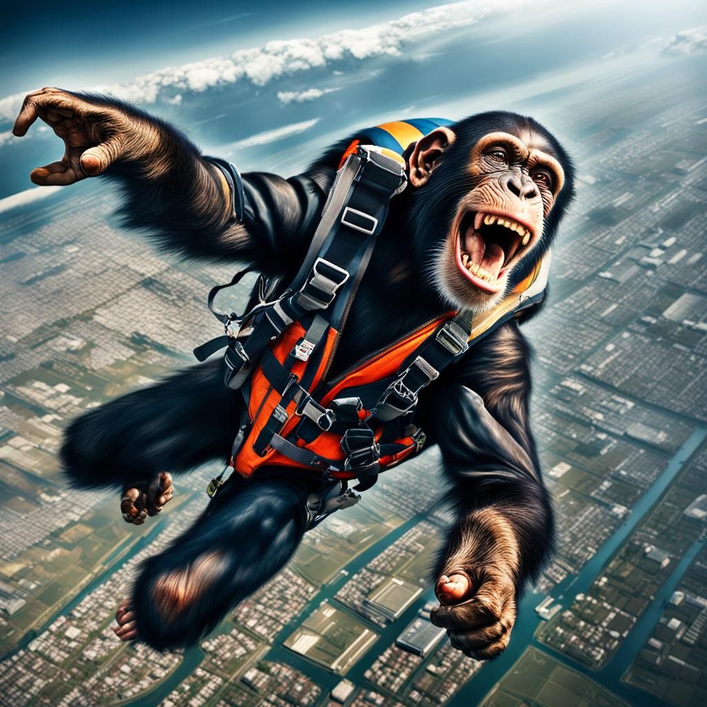 Laughing Chimpanzee Skydiving: Hyperrealistic Matte Painting
