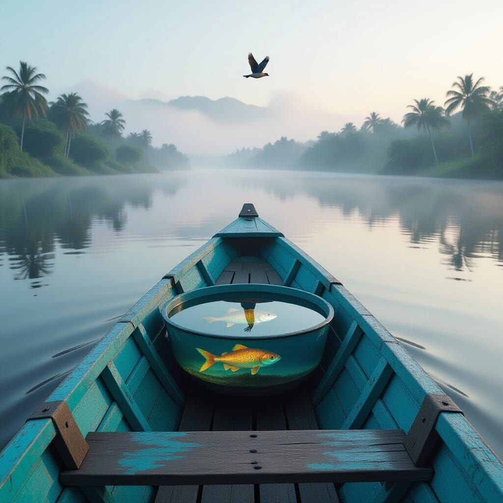 Amazon River Morning: Boat, Fish, and Bird in 3D
