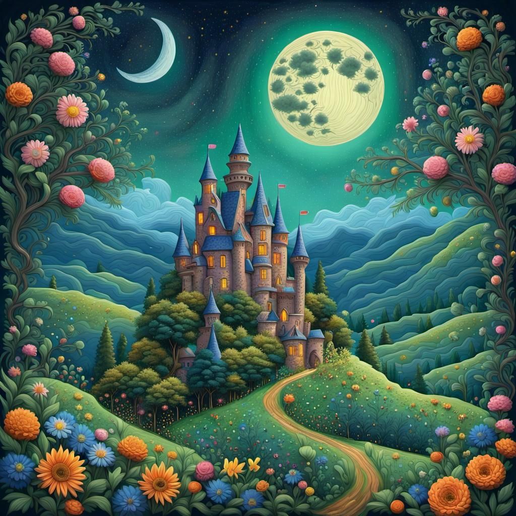 Enchanted Castle Under Cosmic Sky in Folk Art Style
