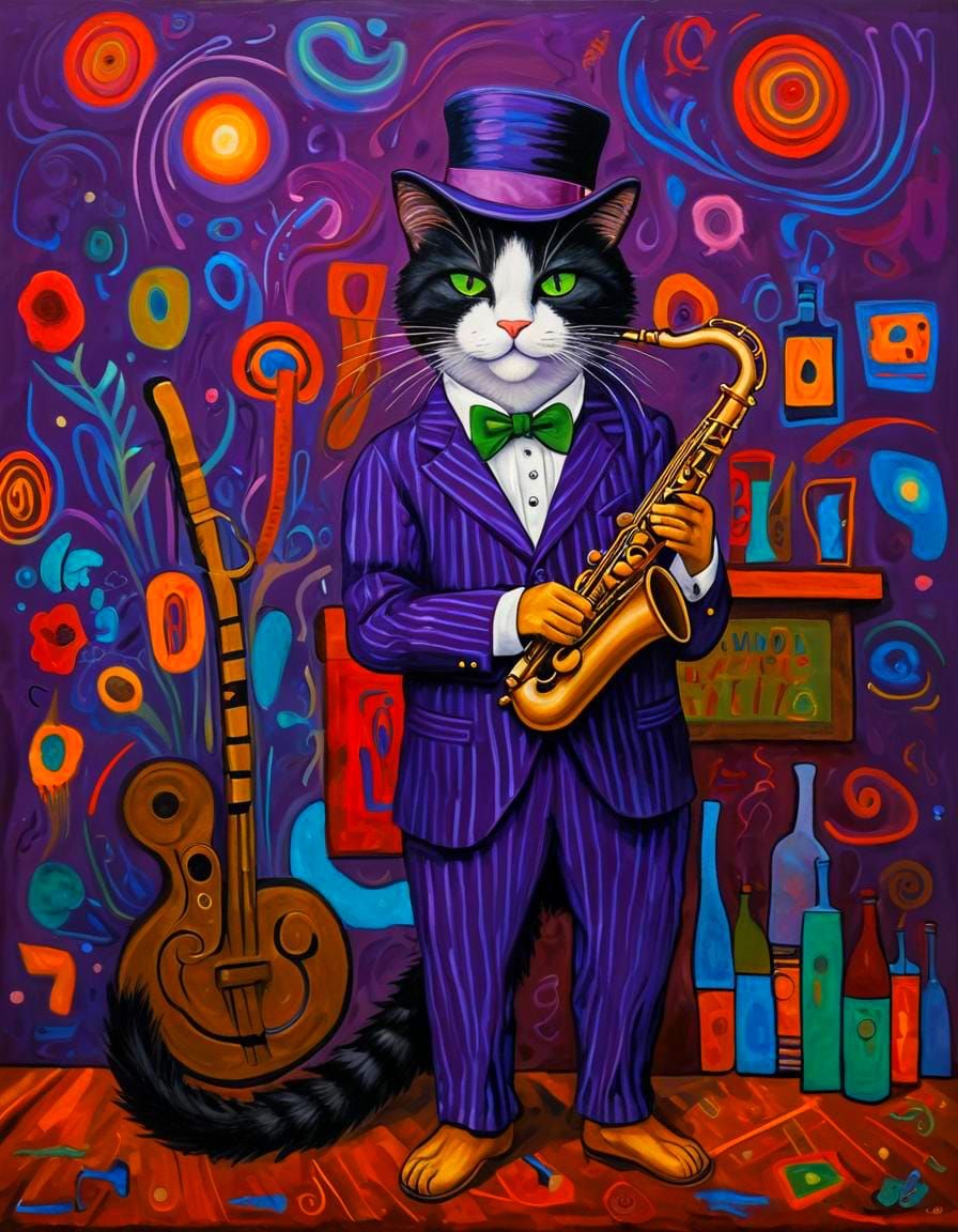 Cat Saxophonist in Jazz Bar, Folk Art Style
