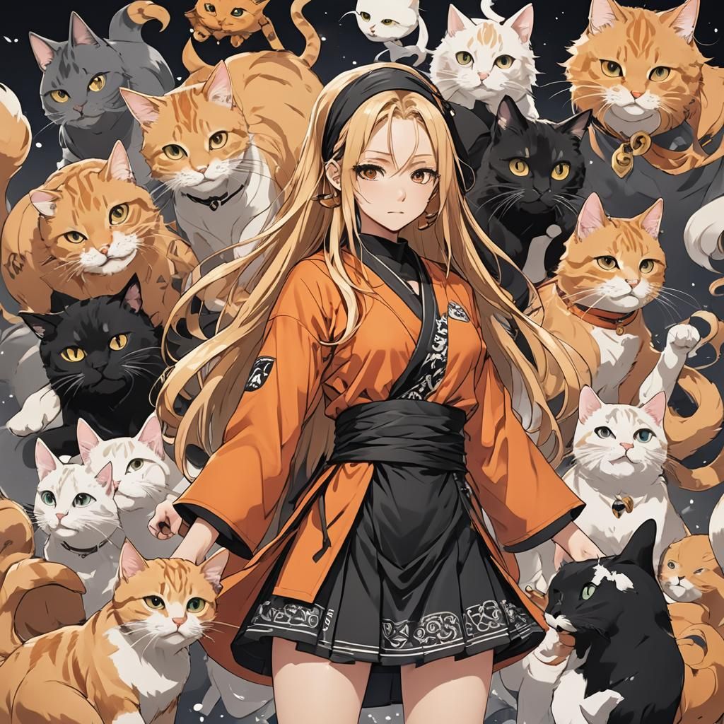 Anime Woman in Orange Robe Surrounded by Cats
