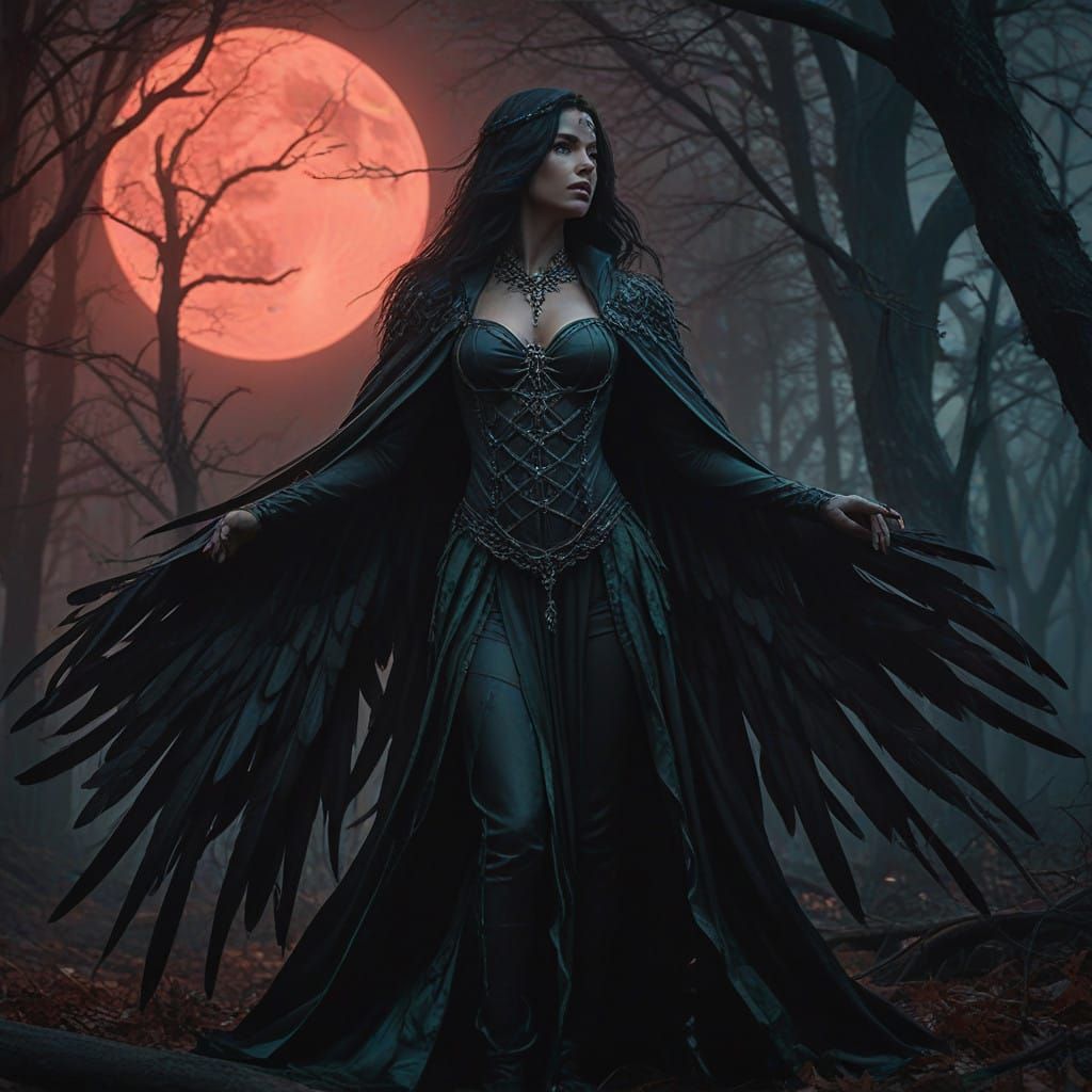 Ethereal Sorceress Under Blood-Red Moon