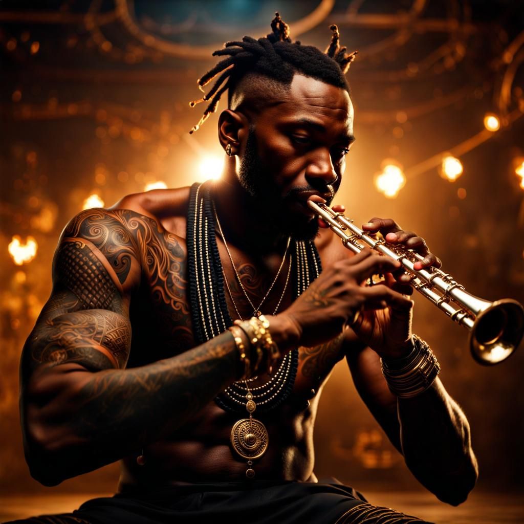 Magical Flute Player with Tattoos in 8k