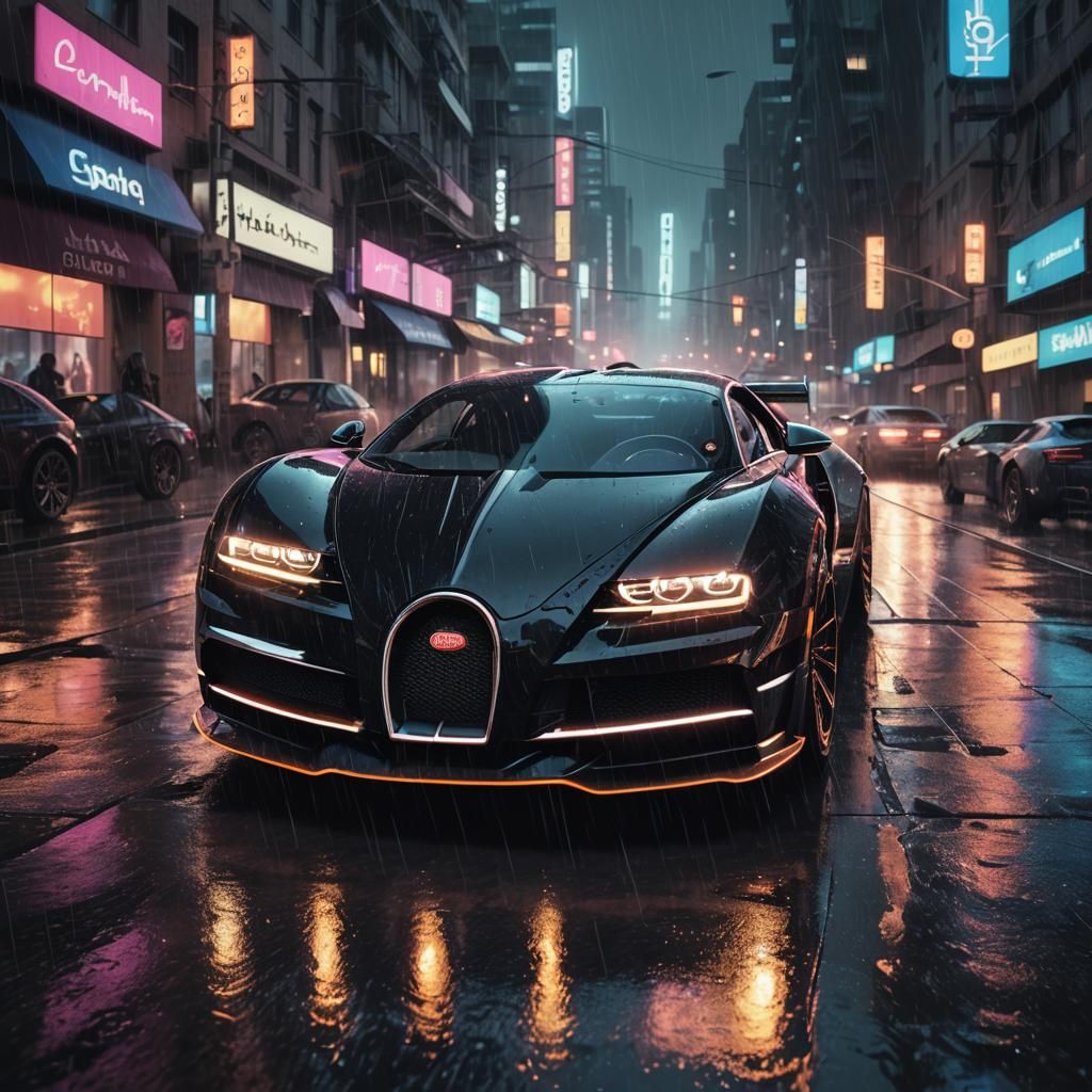 Cyberpunk Bugatti in Rainy Neon Cityscape