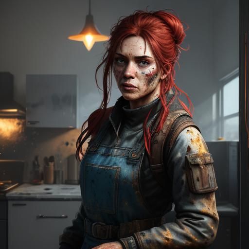 Shocked Woman in Burning Kitchen: Hyperrealistic Splash Art