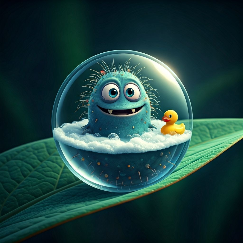 Cheerful Germ Enjoys Bubble Bath on Leaf