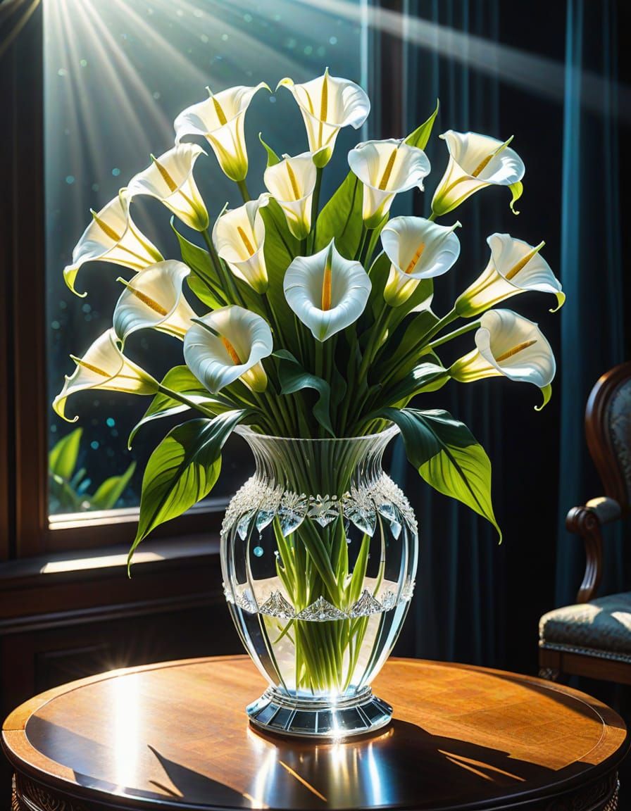Crystal Vase with Luminous Glass Lilies