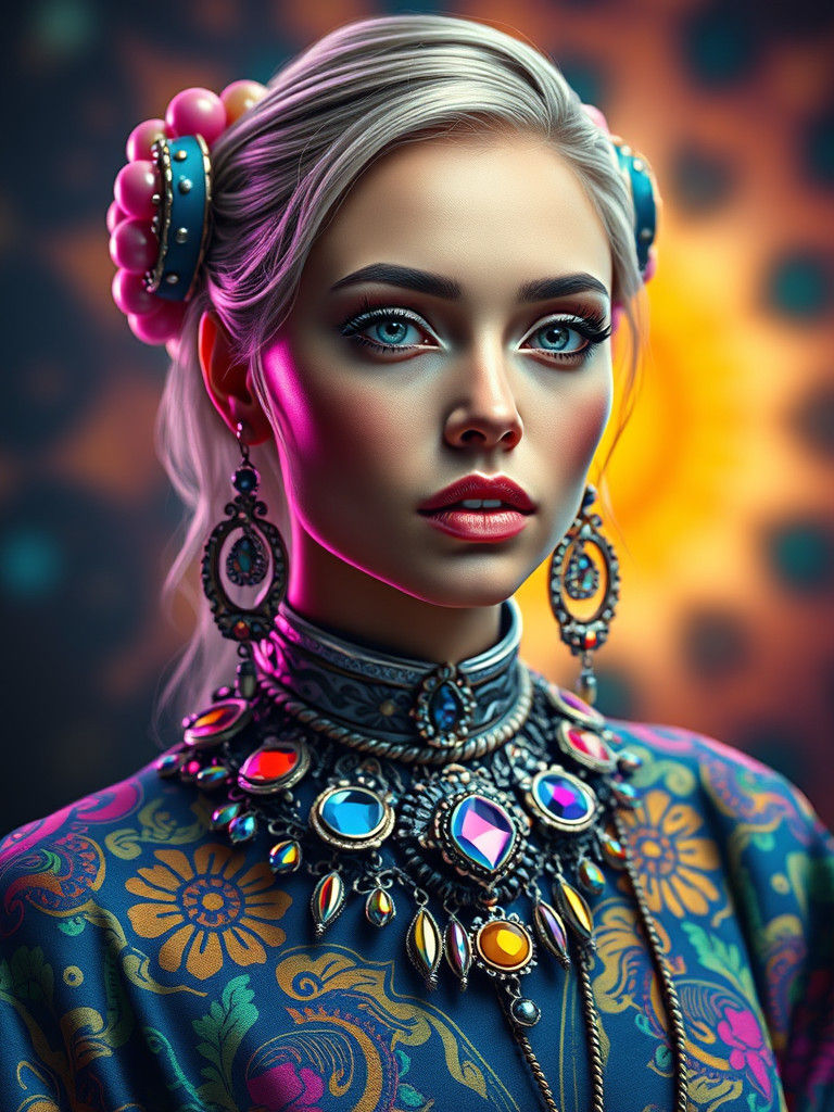 Beautiful Woman in Colorful Clothing: Hyperrealistic Portrai...