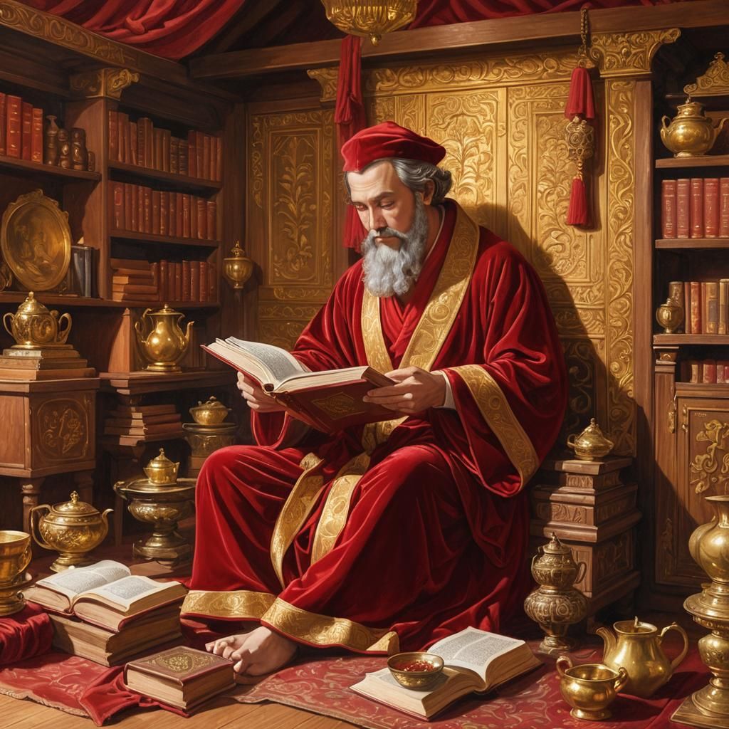 Scholar in Velvet Robe: Gold Leaf Illustration