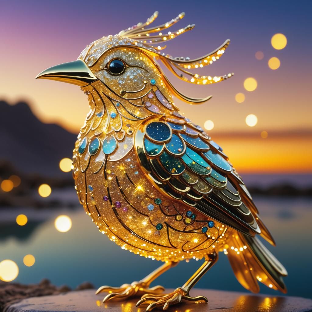 Bioluminescent Golden Bird Glass Art Sunset