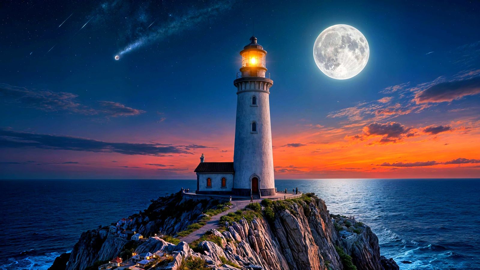 Lighthouse on Cliff Overlooking Calm Sea Under Full Moon Nig...