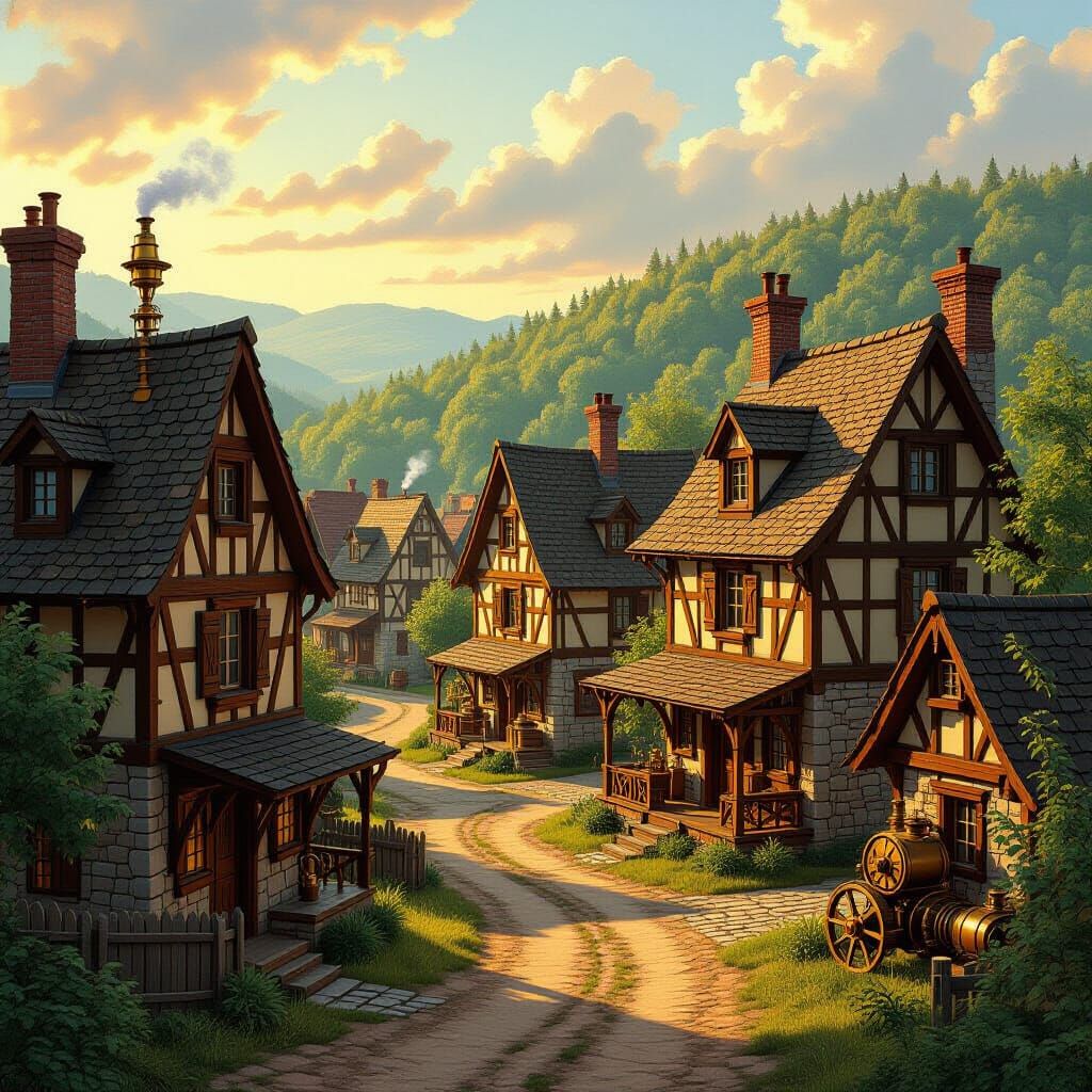 Steampunk Acadian Village in Golden Hour Light