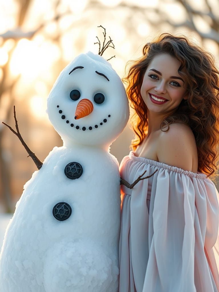A Poignant Snowman Melts Beside a Springtime Beauty in Soft,...