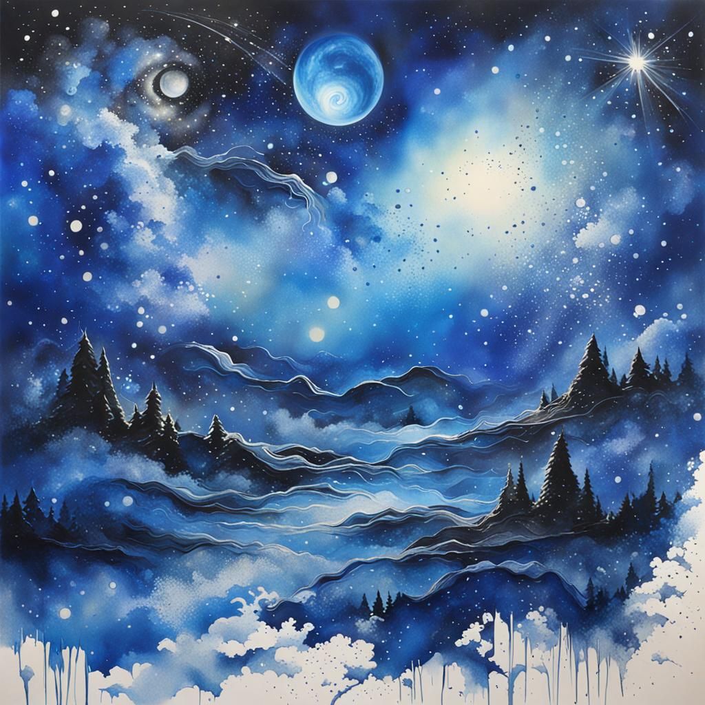 Cosmic Dreamscape Odyssey with Blue Ink Splashes