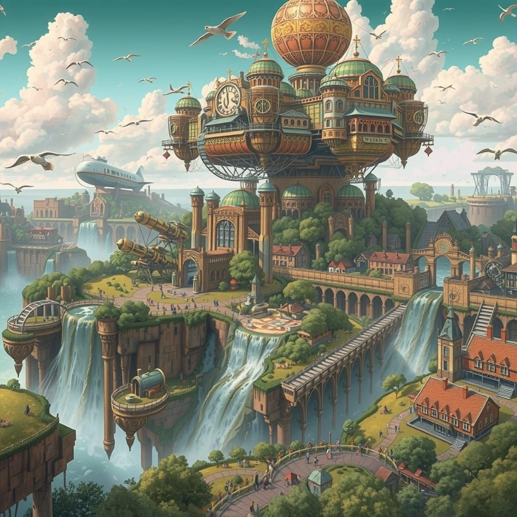 Steampunk Metropolis Atop a Lush Island Oasis