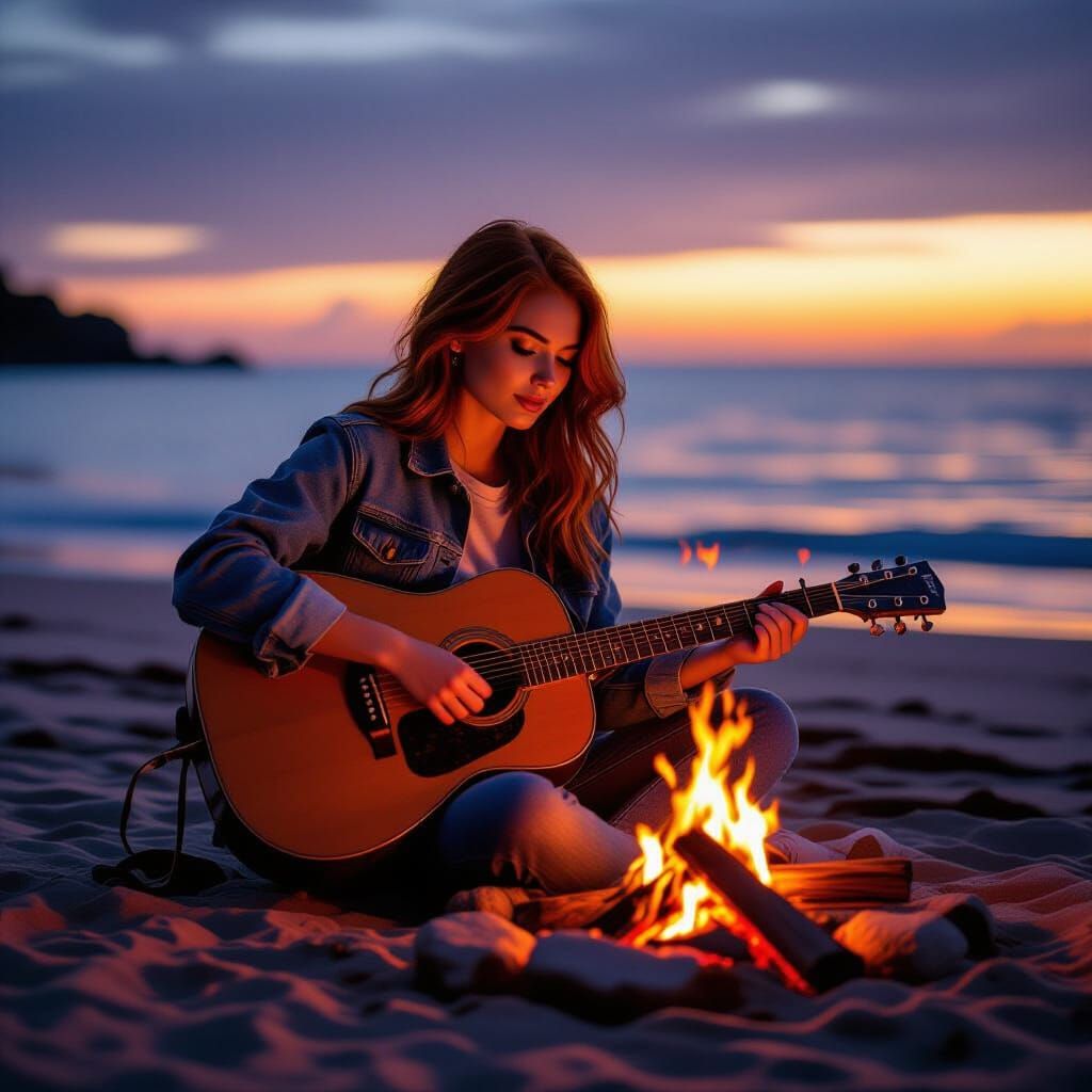 Woman Plays Guitar by Campfire at Beach Sunset