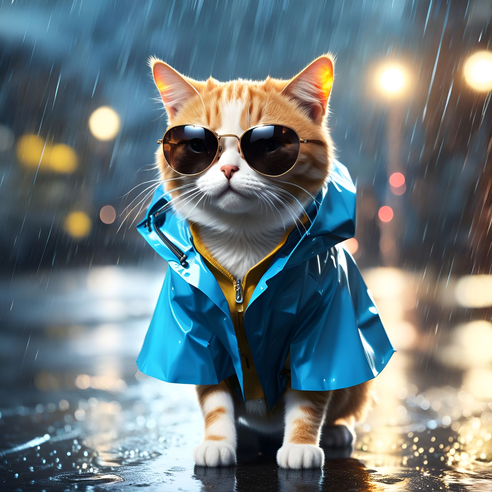 Anime Cat in Raincoat with Sunglasses