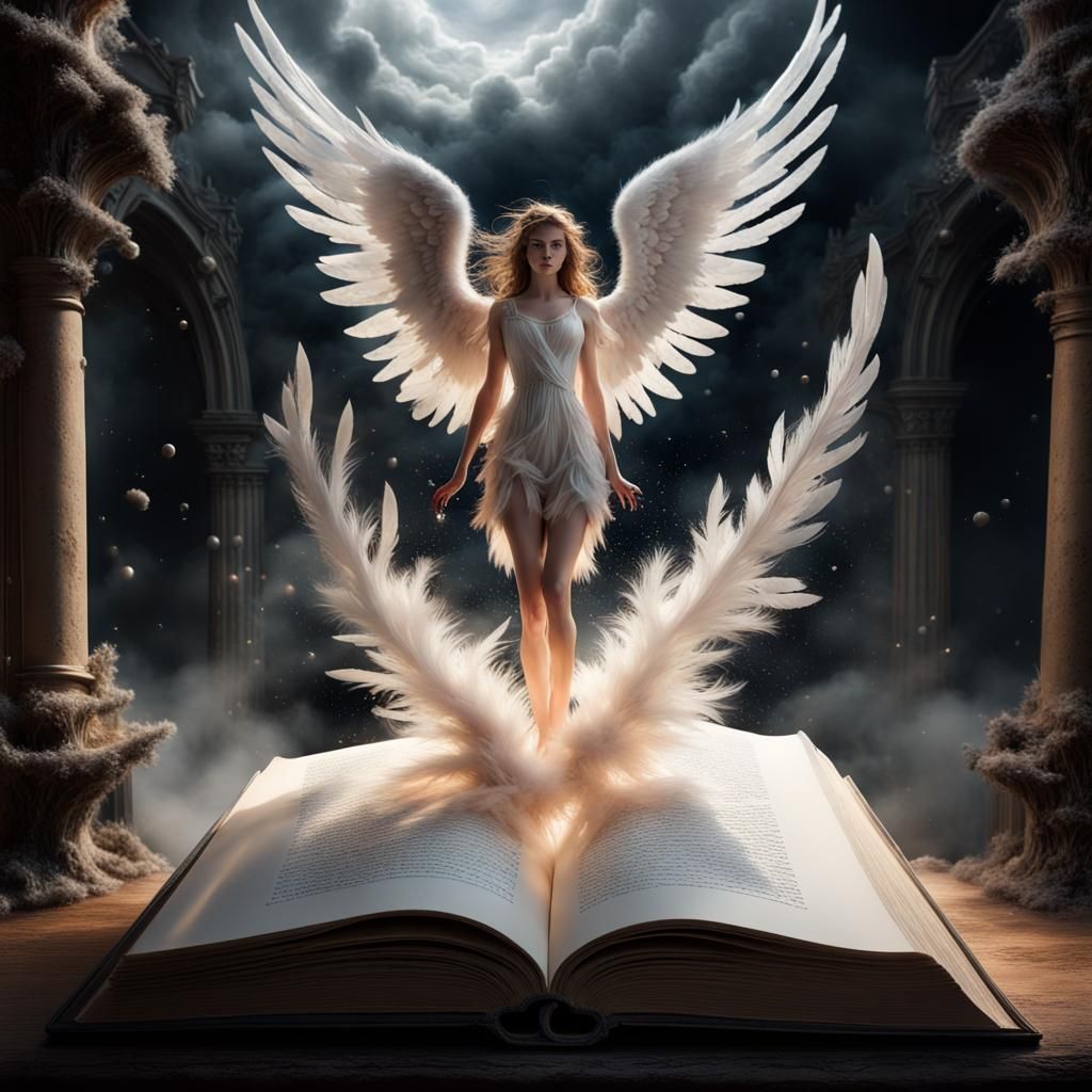 Miniature Angel World Emerges from Book: Digital Illustratio...