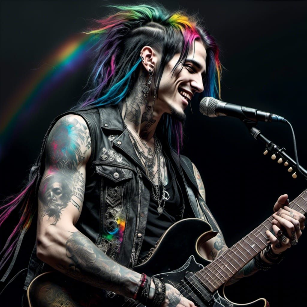Goth Metalhead Guitarist with Rainbow Spectral Lights