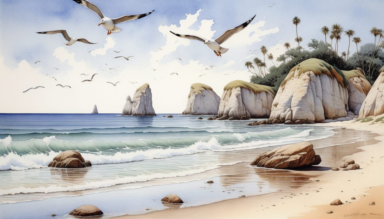 Seagulls in a Serene Coastal Landscape