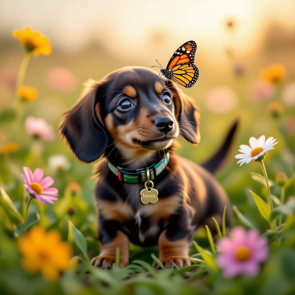 Dachshund Puppy Plays with Butterfly in Flower Field