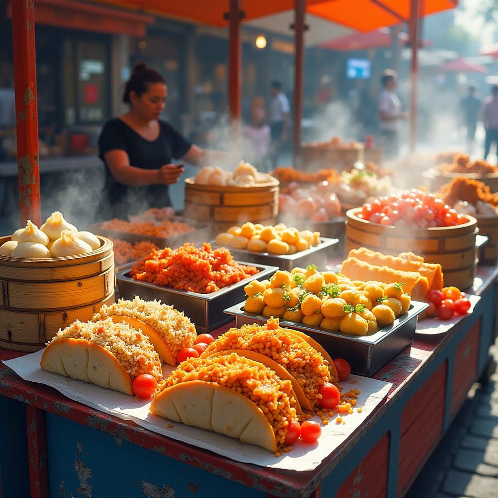 Global Street Foods, Sold in Transport Stand, Clean Oil Ink Airbrush Effect