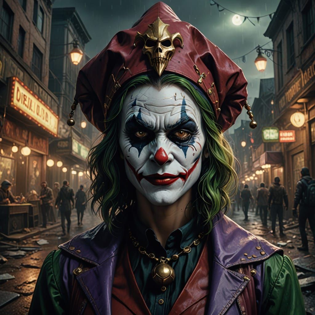 Girl in Horror Jester Attire, Detailed Fantasy Art in Deep C...