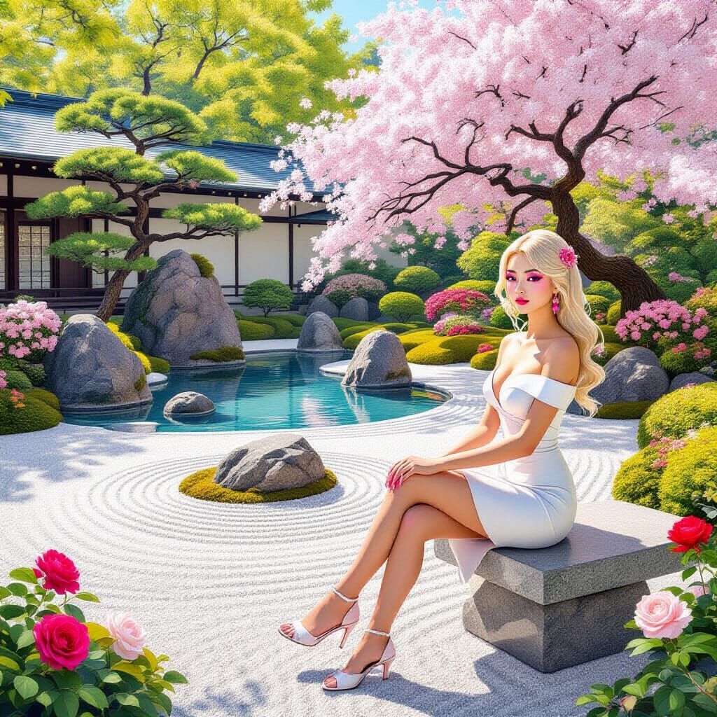 Serene Zen Garden with Woman Amidst Cherry Blossoms