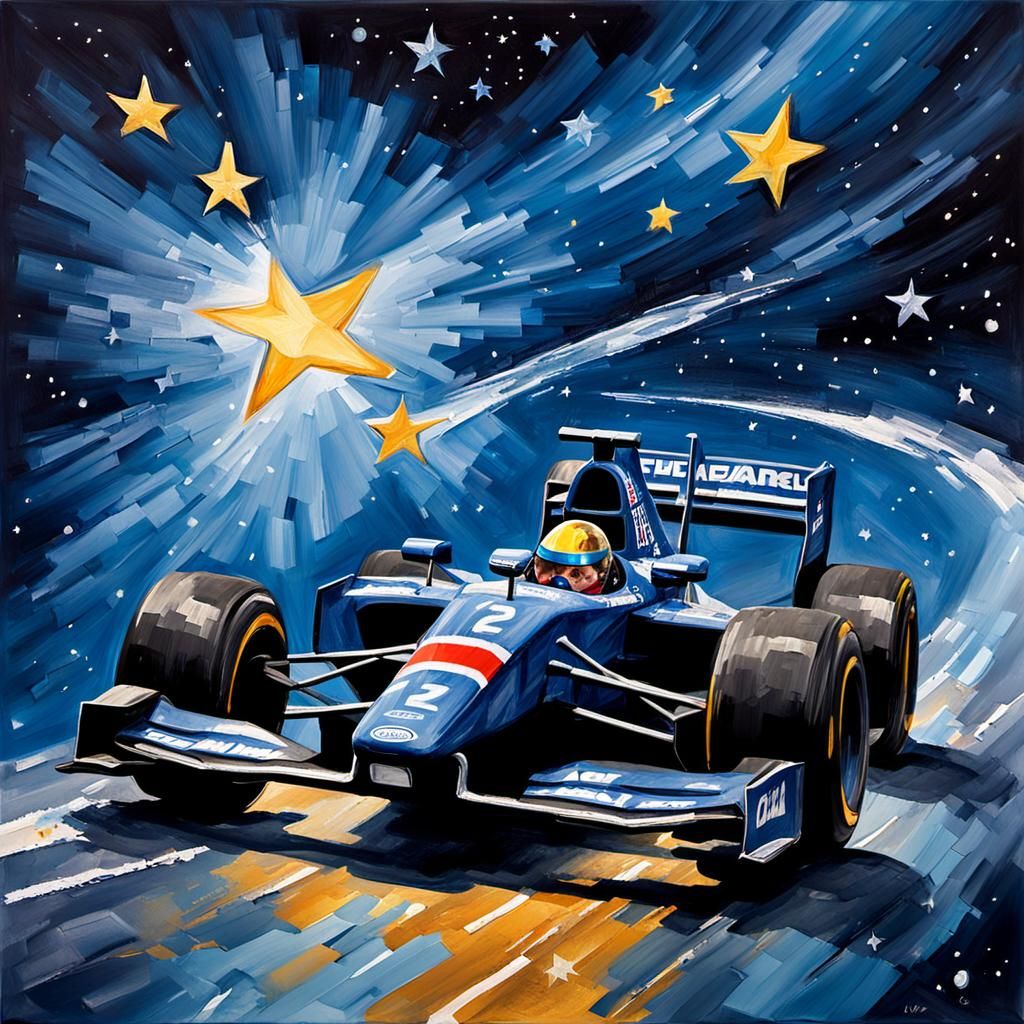 Formula 1 Car Racing in Space as Gouache Art