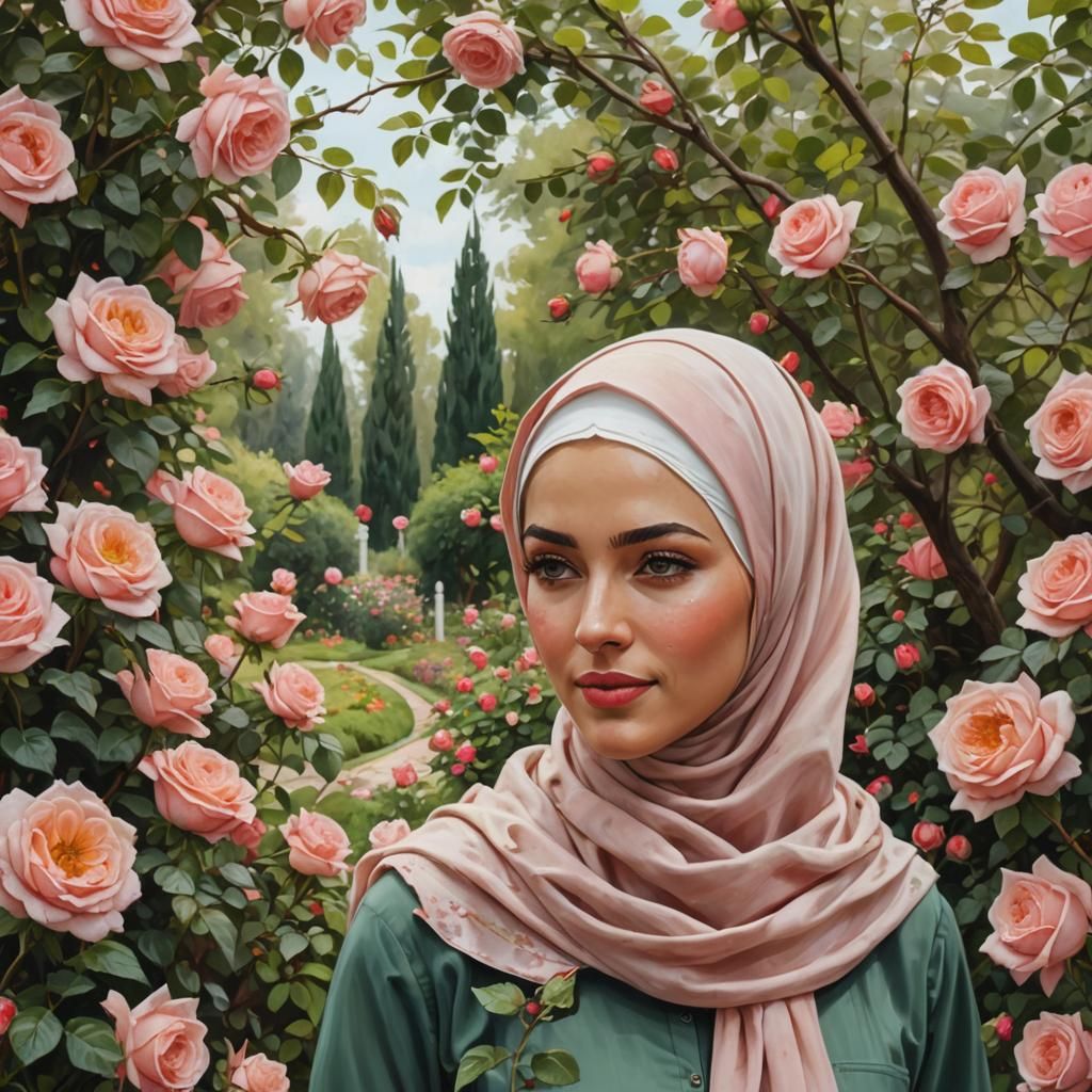 Pretty Swedish Girl in Hijab Portrait in Rose Garden