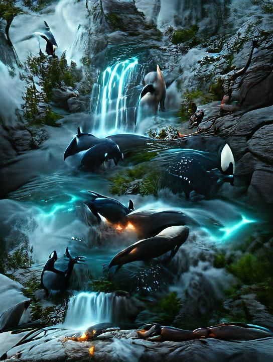 Orcas Plunge Down Waterfall: Dark Fantasy Concept Art