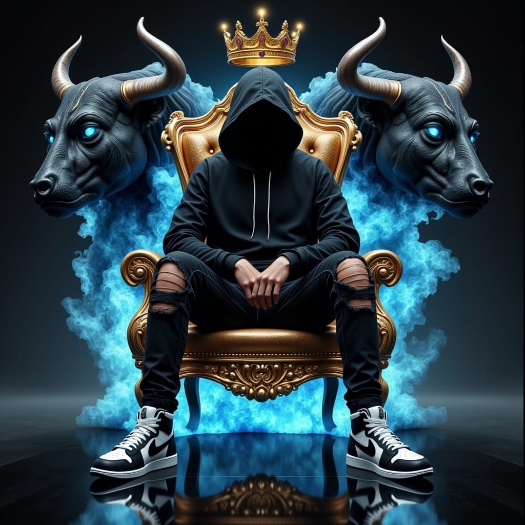 Mysterious Hooded Figure on Golden Throne with Demonic Bulls