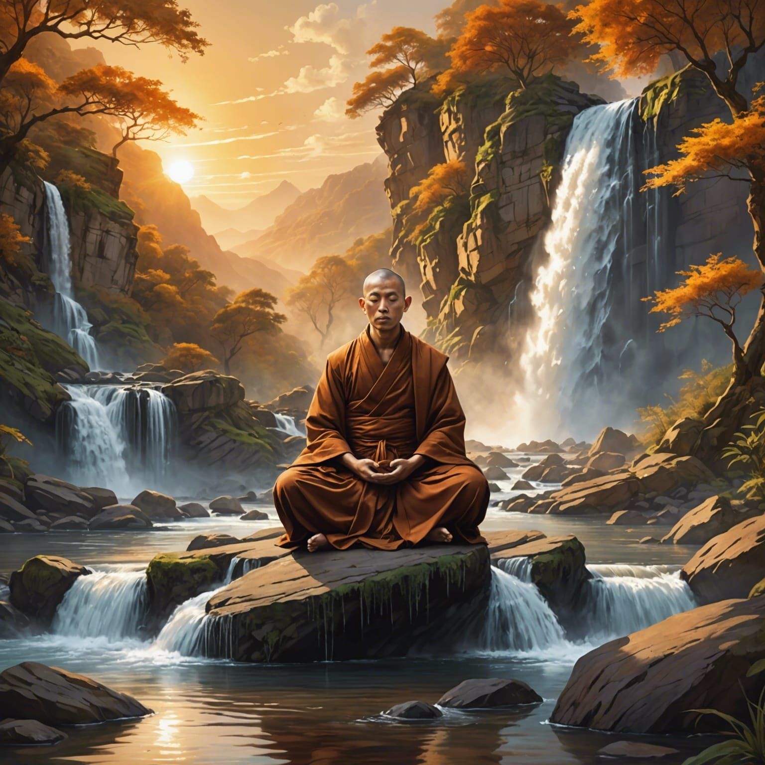 Monk Meditating at Sunrise: 3D Watercolor Art