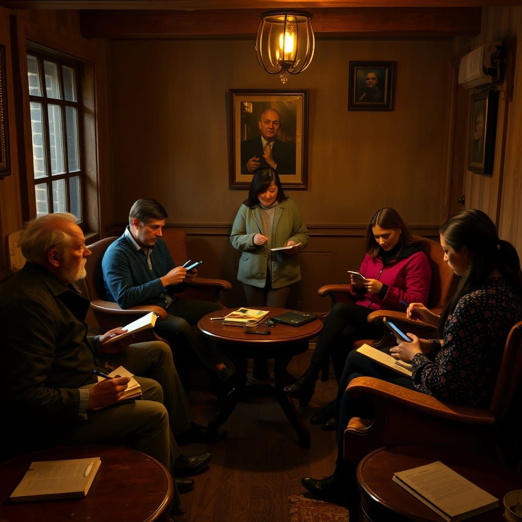 Intimate Poetry Gathering in Dimly Lit Room