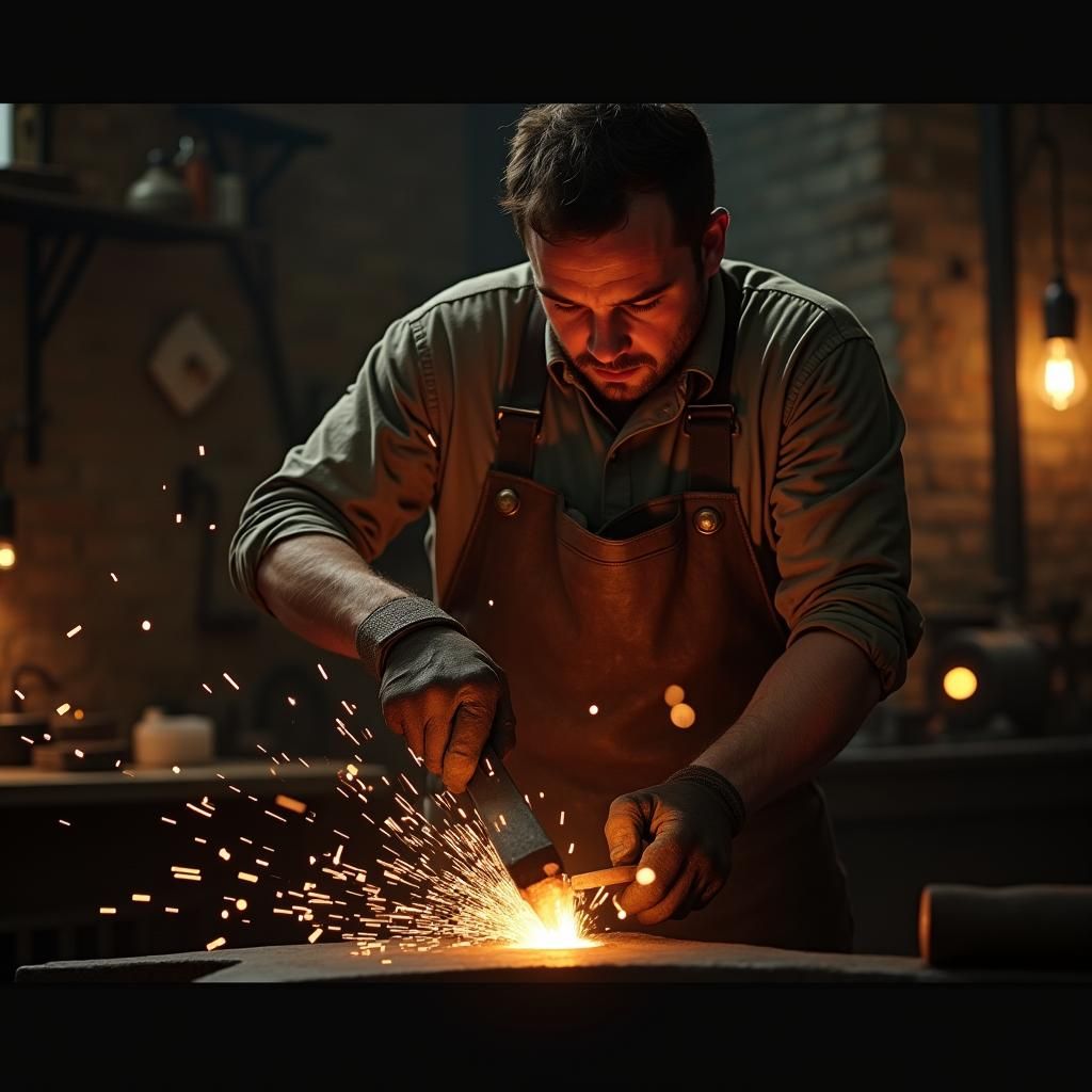 Blacksmith Strikes Glowing Iron in Atmospheric Workshop