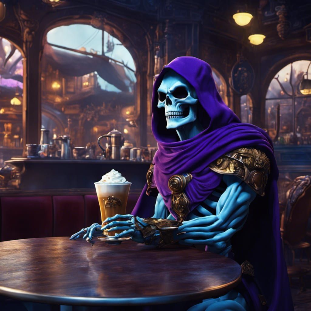 Skeletor in Cafe: Detailed Matte Painting