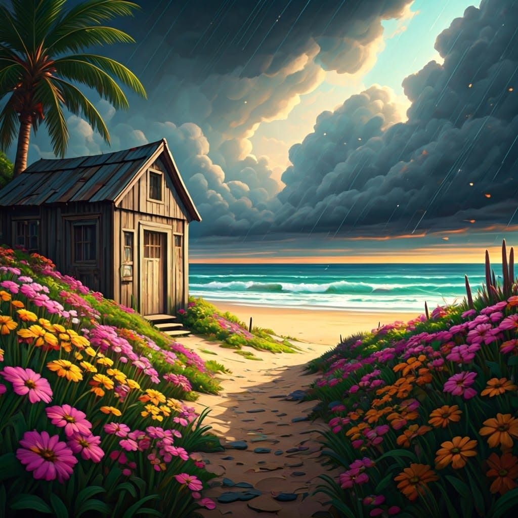 Whimsical Beach Cottage Scene in Vibrant Colors and Dreamlik...