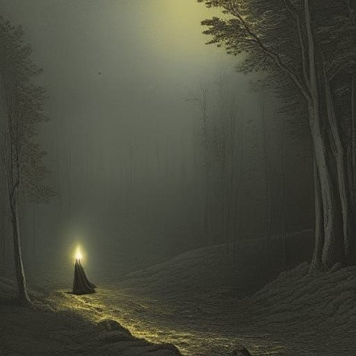 Cloaked Figure with Lantern in Dark Woods