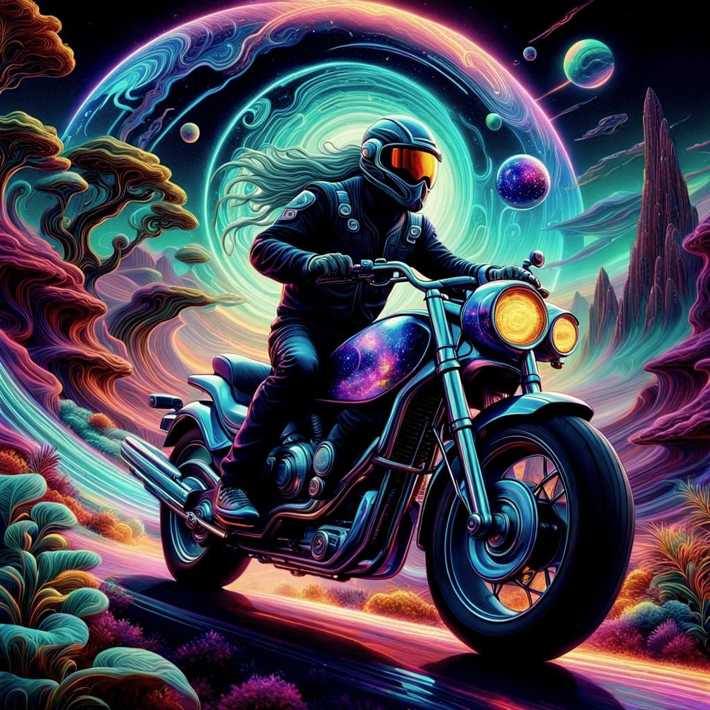 Wizard on Futuristic Motorcycle in Space