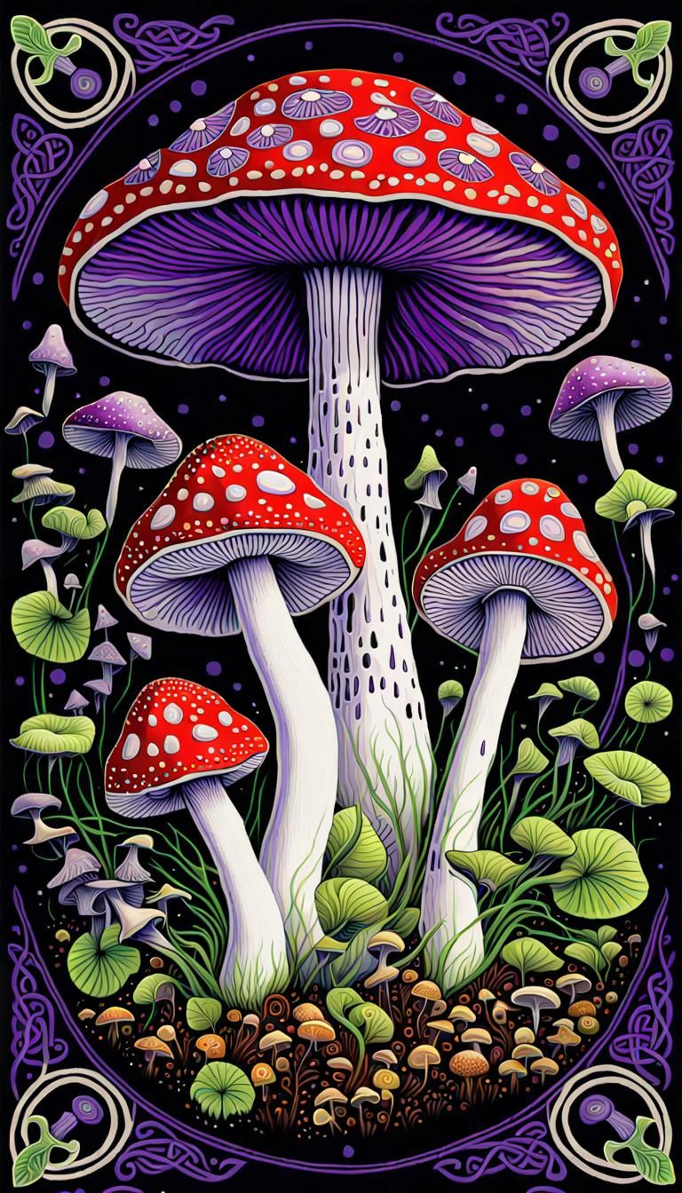Detailed Mushroom Painting in Celtic Art Nouveau Style