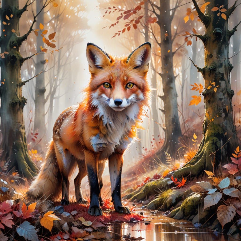 Fox on Forest Path in Watercolour Style