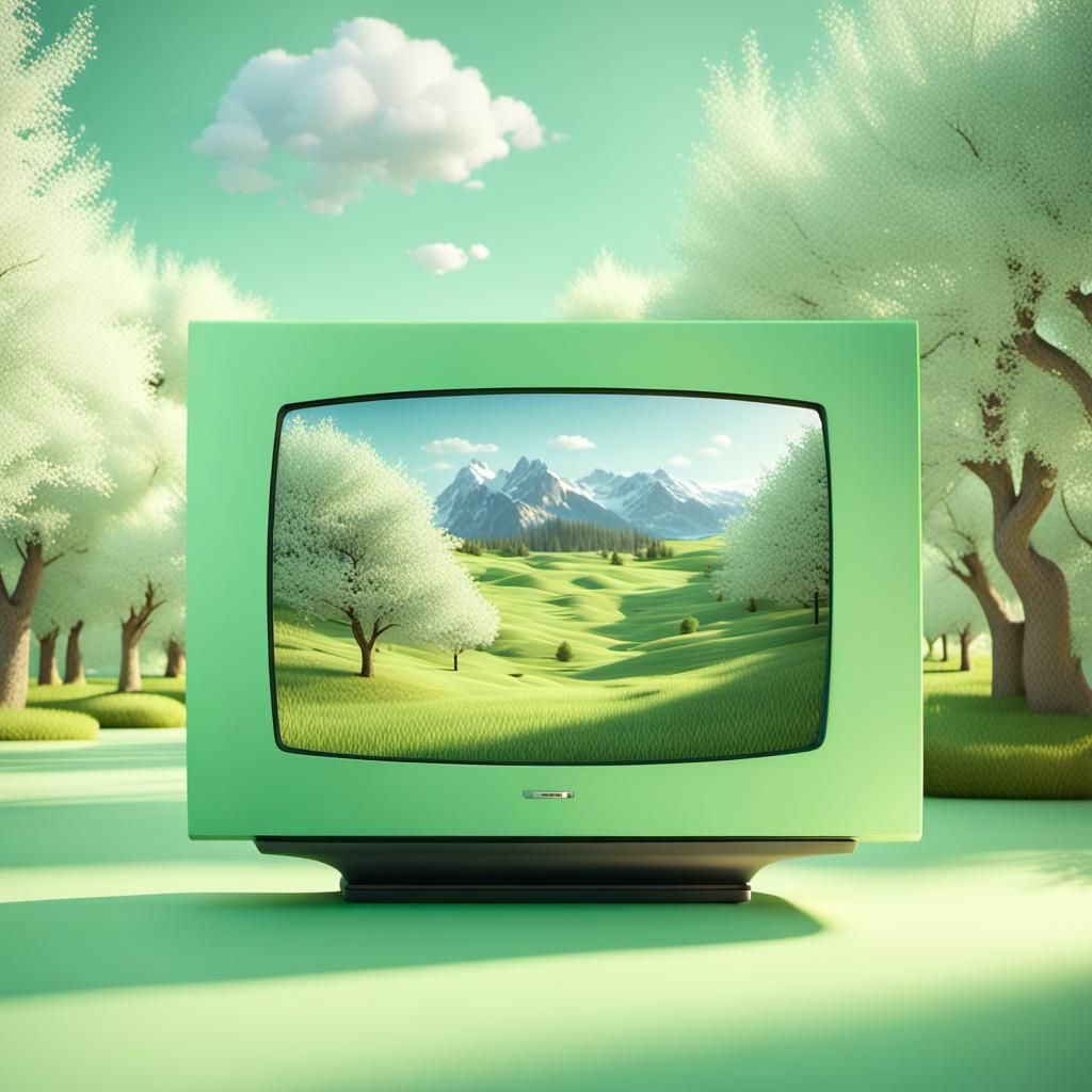 Pastel Green TV Reflecting Spring Landscape