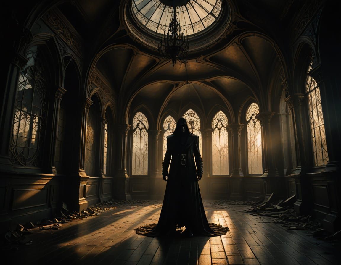 Dark Gothic Figure Amidst Twisted Architecture