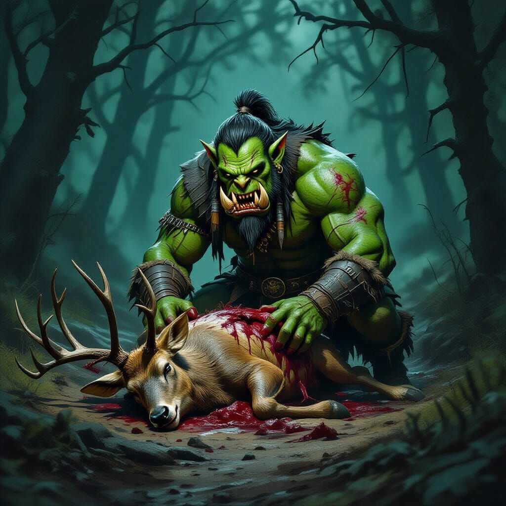 Gruesome Orc Feasting on Deer in Dark Forest Trail