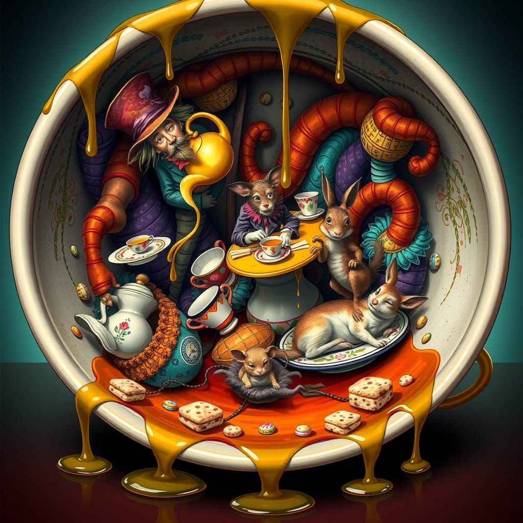 Whimsical Tea Party in Teacup, Salvador Dali Style